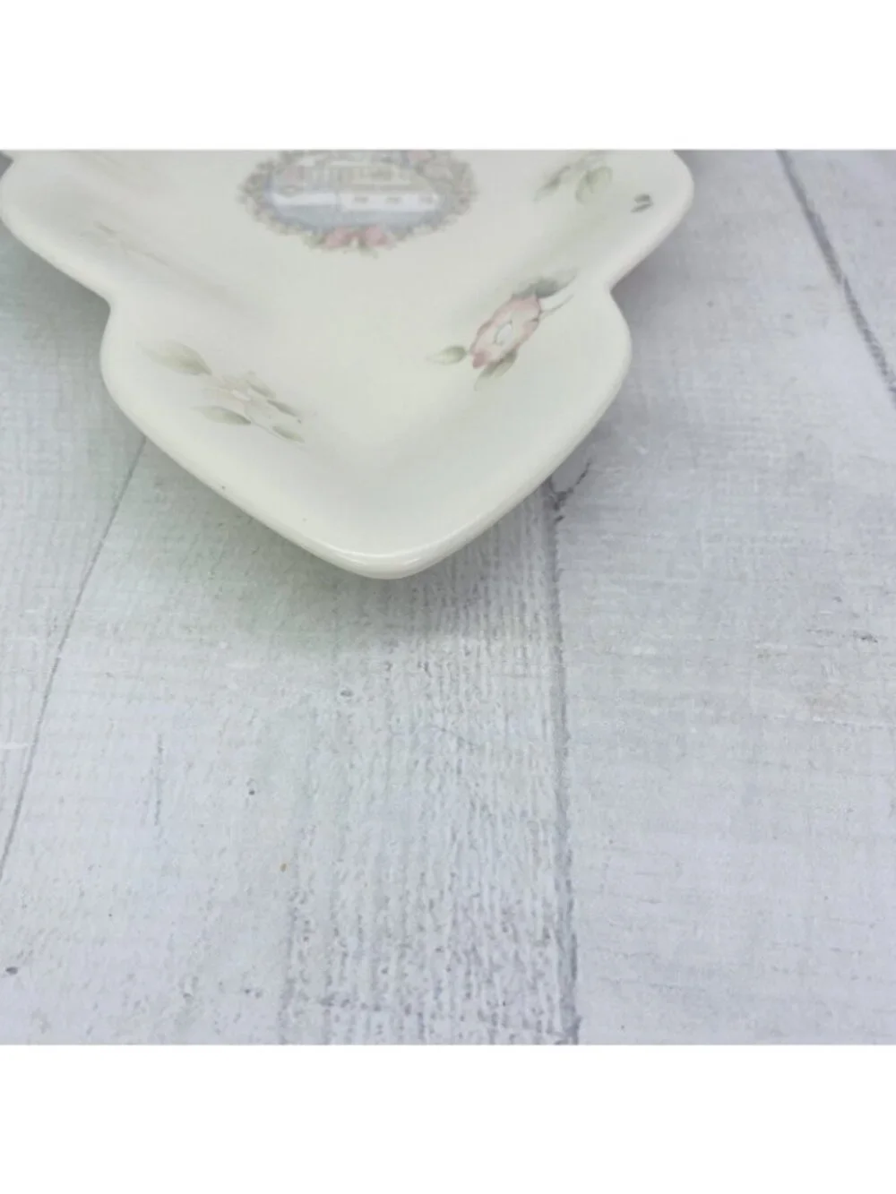 1980's Pfaltzgraff TEA ROSE Pink Roses Blue Flowers Stoneware Tree Shape Dish